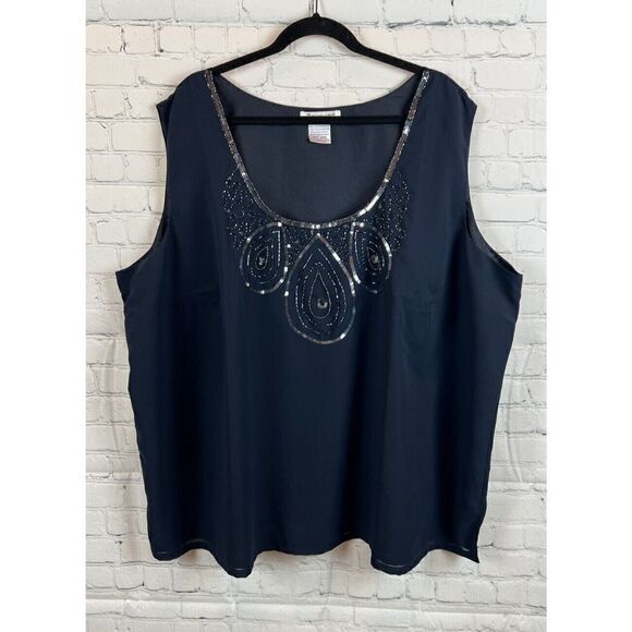 ROAMAN'S navy blue sequins beaded sleeveless top blouse tunic size 34W - Picture 1 of 7